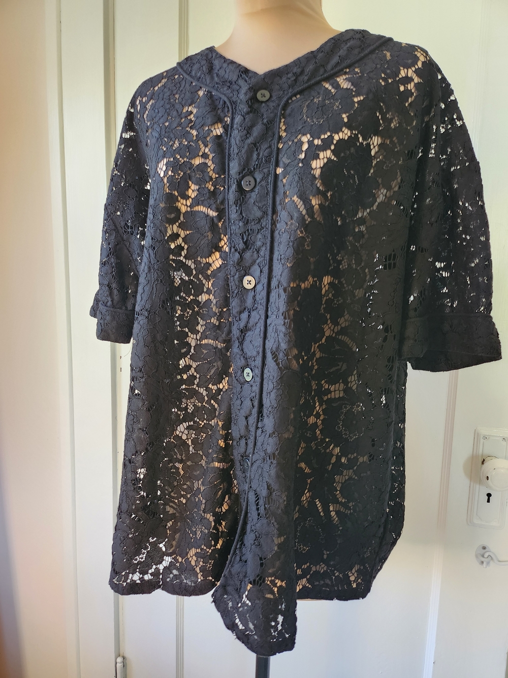 silence + noise Black Floral Crochet Lace Button-Down Oversized Shirt